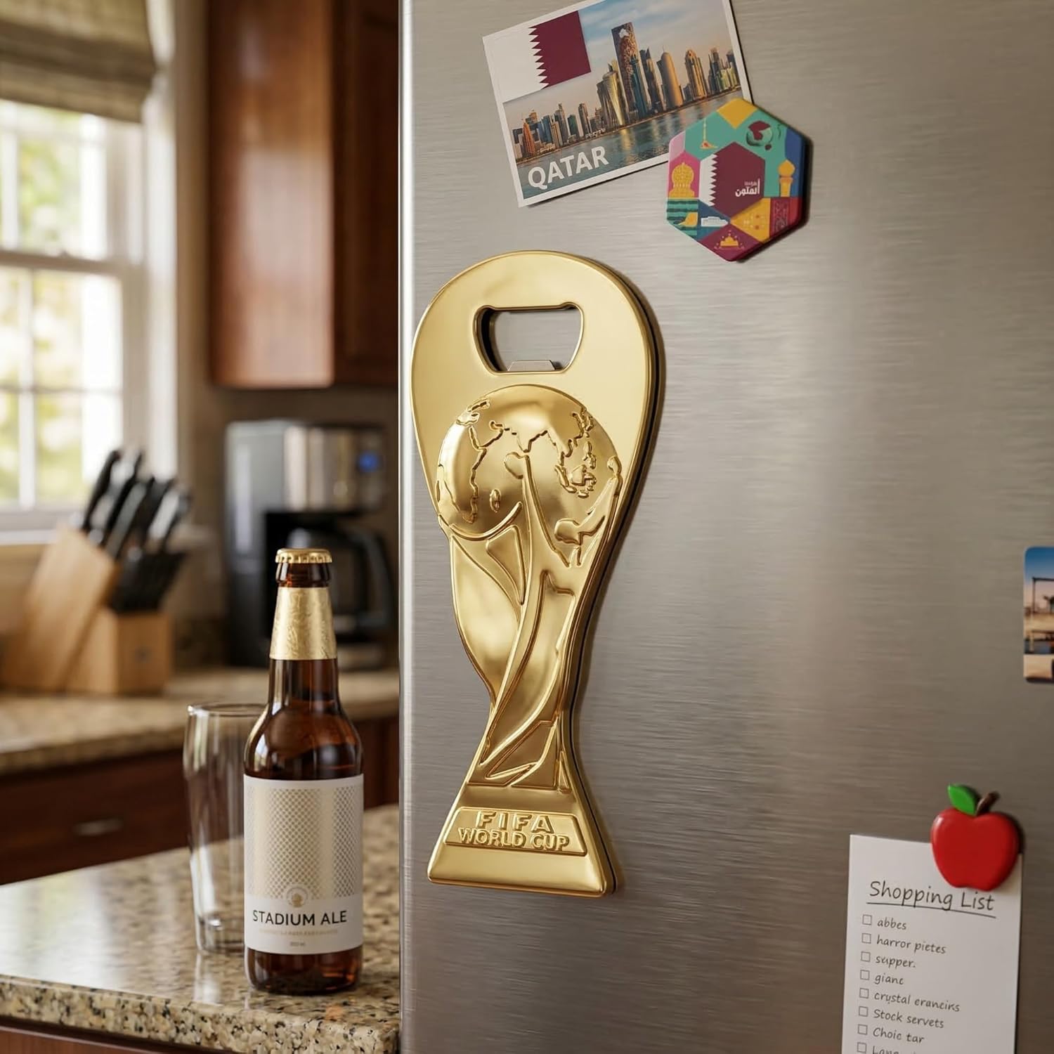 Official 2026 FIFA World Cup Trophy Magnetic Metal Bottle Opener (5.75" x 2.5") — lifestyle view