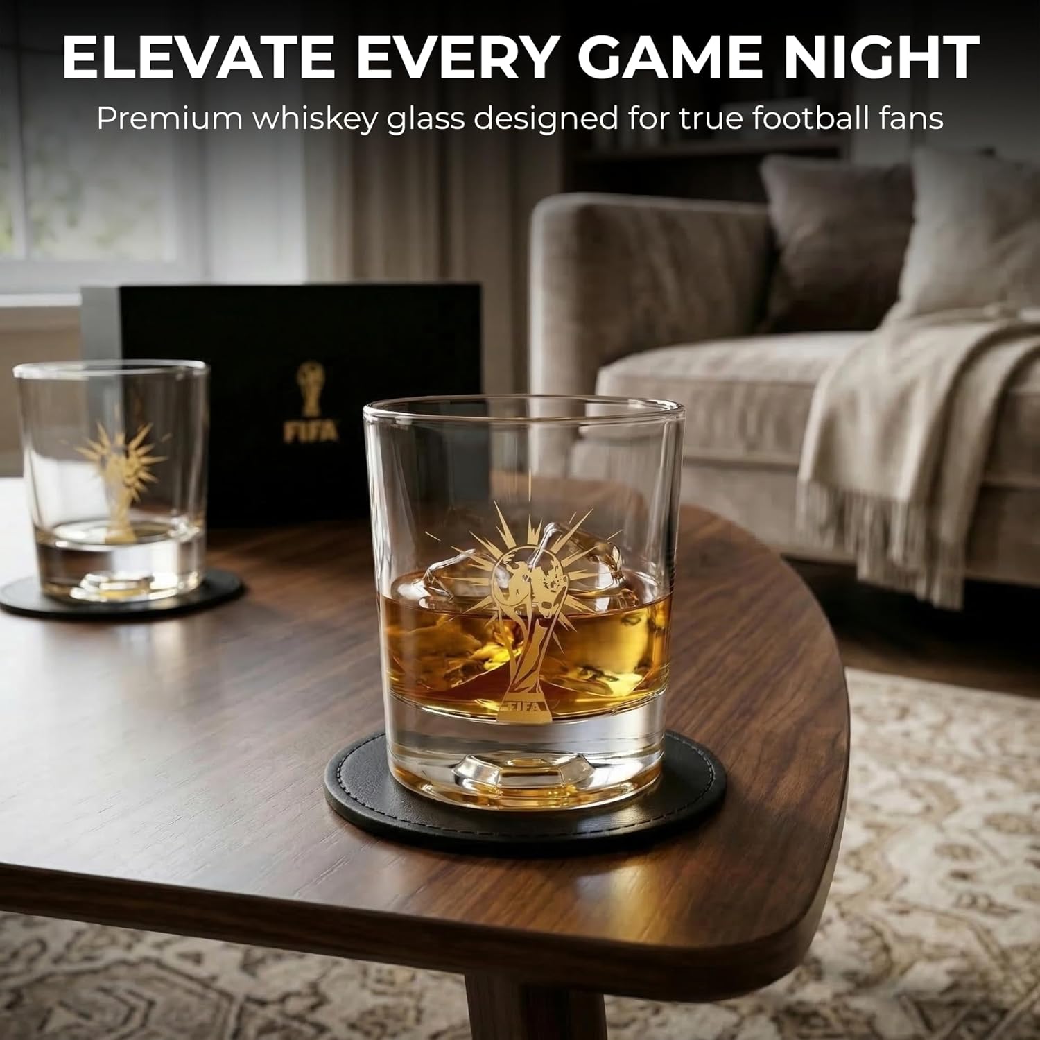 Official FIFA World Cup 2026 Edition — 8oz Whiskey Glass & Leather Coasters Gift Set (2 of Each) — lifestyle view